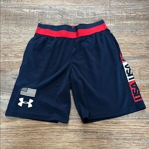 Under Armour boys team USA shorts, red/ white/ navy. Size extra small. EUC